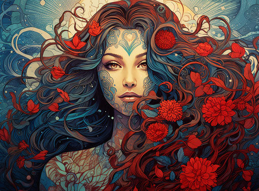 Girl with long hair, traditional oceanic art style