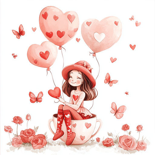 Sweet girl in a coffee cup surrounded by hearts and butterflies