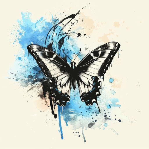 Blue butterfly with watercolor splashes