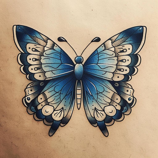 Classic blue butterfly tattoo sketch with bold black outlines