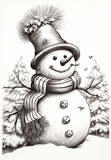 Snowman coloring page, exquisite black and white engravings style