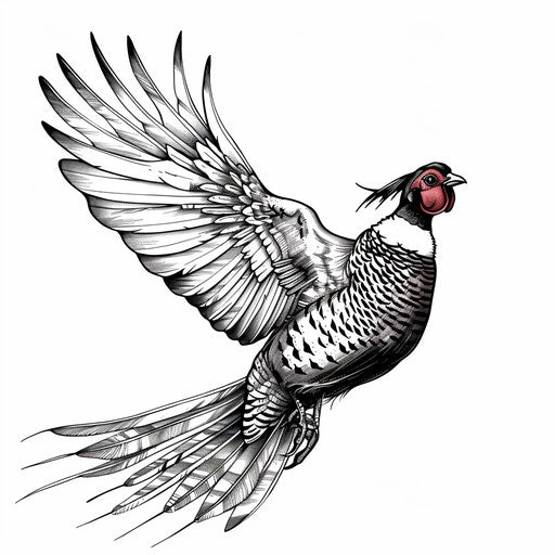 Elegant pheasant in flight in fine line art tattoo style