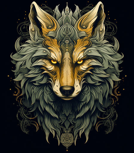 Emblem with oldschool wolf head, light yellow and dark emerald