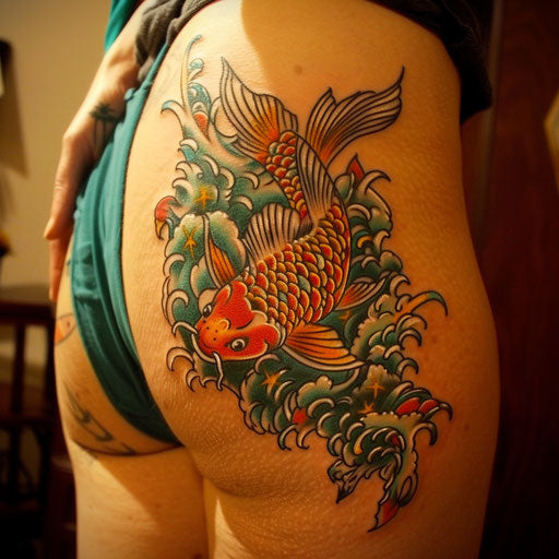 Hip tattoo of a koi fish, Ed Hardy style