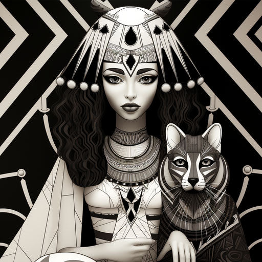 Egyptian style art in black and white with light purples and indigos