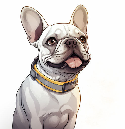 Drawing of white French bulldog with collar and tag