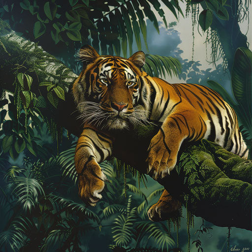 The tiger overseeing its jungle from a branch in the canopy