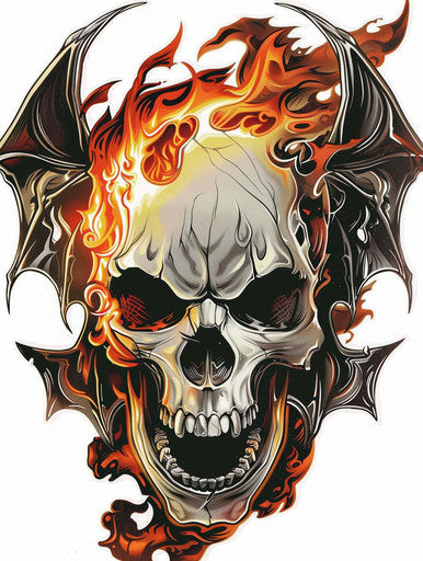Skull with bat wings and flame sticker