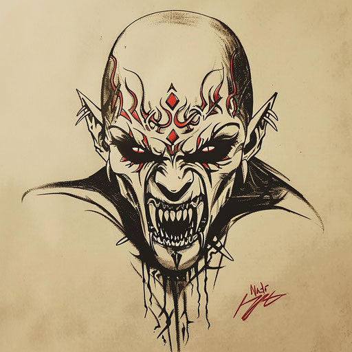 Stylized tattoo sketch of a vampire with tribal markings