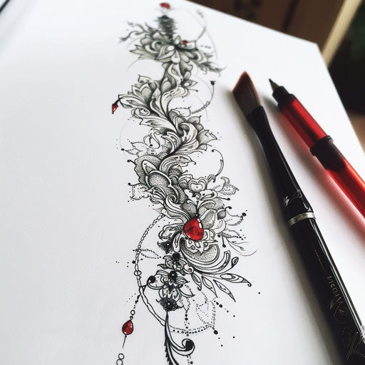 Vintage lace spine tattoo sketch in detailed black ink