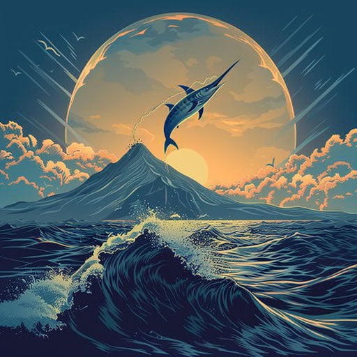 Poetic swordfish above wave with mountain and setting sun