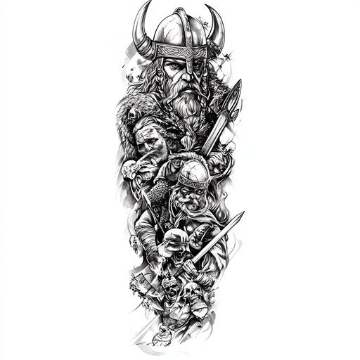 Flat tattoo sketch of Viking warriors in battle