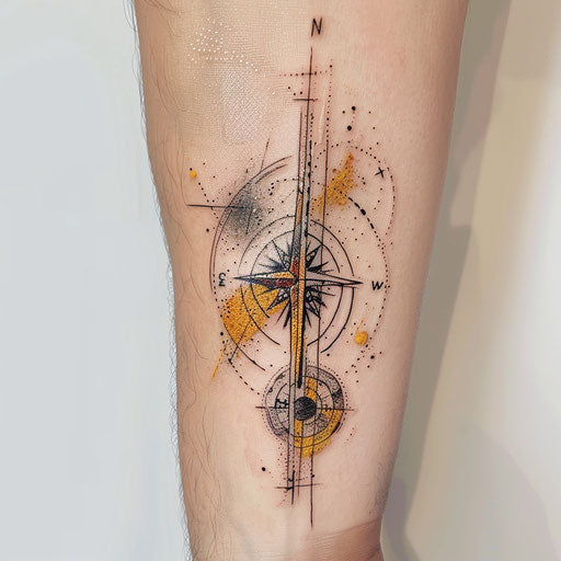 Artistic true north tattoo with abstract compass on white