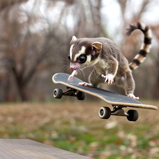 A sugar glider on a skateboard doing tricks in an urban park