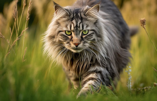 Gray long haired cat walking on grass, fine lines and intricate details style, dark green and light brown, associated press photo, pulled, scraped, and scratched, princesscore, enchanting realms, masculine 17:11