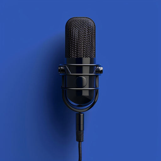 Realistic podcast clipart shining on flat royal blue background
