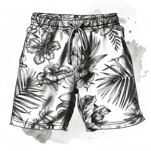 Sketch of board shorts with a tropical pattern, fine lines in black and white