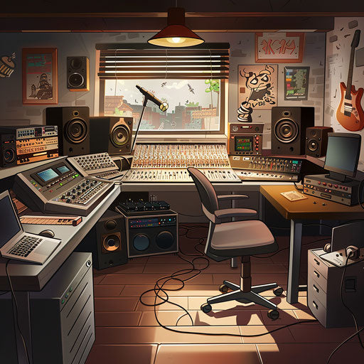 Music production studio and mixing board in an office