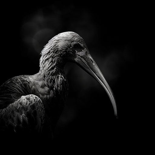 Black and white ibis with dramatic Baheux-style composition