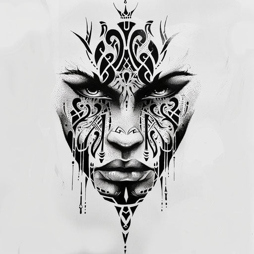 Exotic flat tattoo sketch of an enhanced soul with traditional tribal patterns