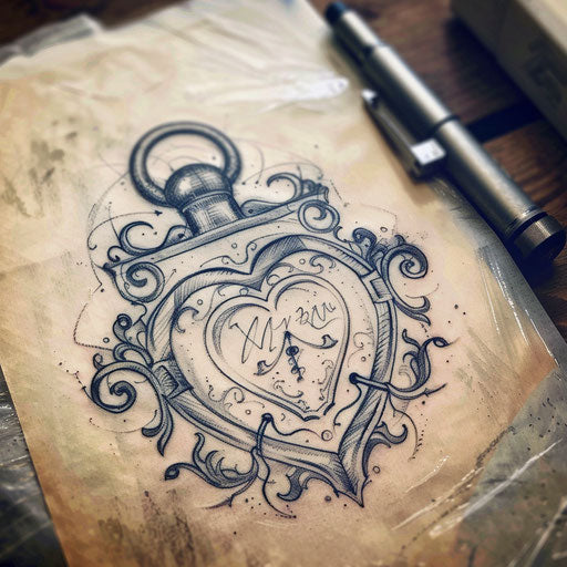 Flat sketch of a lock and key with names engraved, symbolizing union