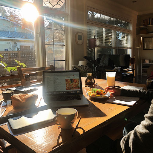 Working on laptop with breakfast and coffee