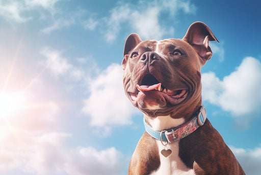Dog with collar pit bull terrier, realistic blue skies