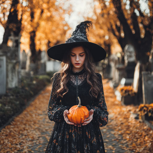 Witch with Jack-o'-Lantern in Autumn Cemetery