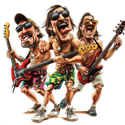 Humorous cartoon of a band caricature clipart with human characteristics, exaggerated full lips, muscular arms, detailed textures, vibrant colors, cartoon style, pointing, high-resolution, no background, isolated –c 40