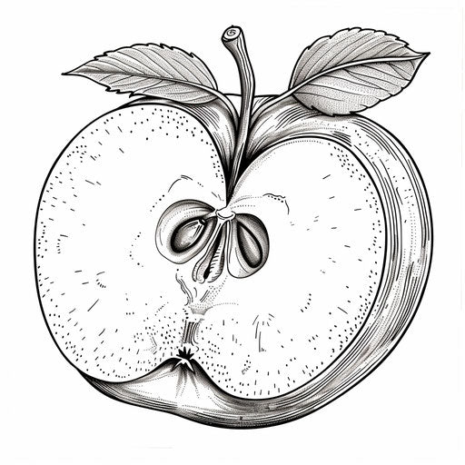 An apple sliced in half showing detailed seeds and core. Coloring book page