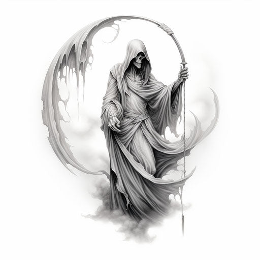 The grim reaper moons and scythes tattoo design, matte photo style, white and gray, slumped/draped, realistic figurative, slender, ferrania p30, wrapped