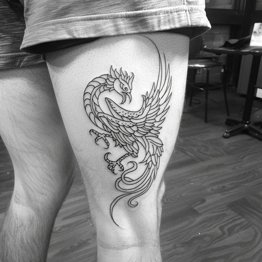 Outline tattoo of a phoenix rising, Steve McNiven-style