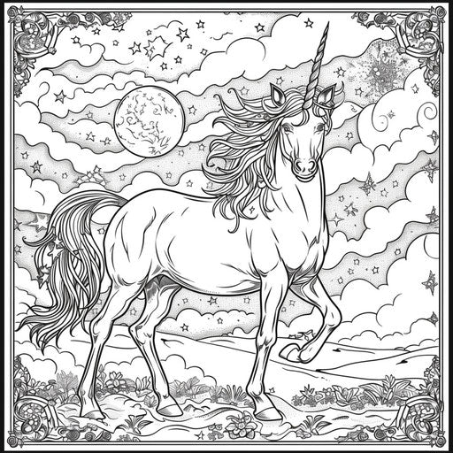 Magical unicorn under a starry sky. Coloring book page