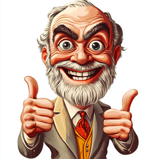 Humorous caricature of an Alfred Nobel caricature clipart with human characteristics, exaggerated grin teeth, bright colors