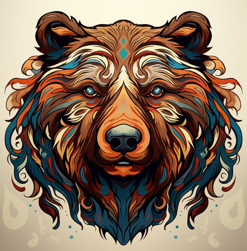 Brown bear head in tattoo style, colorful and exotic