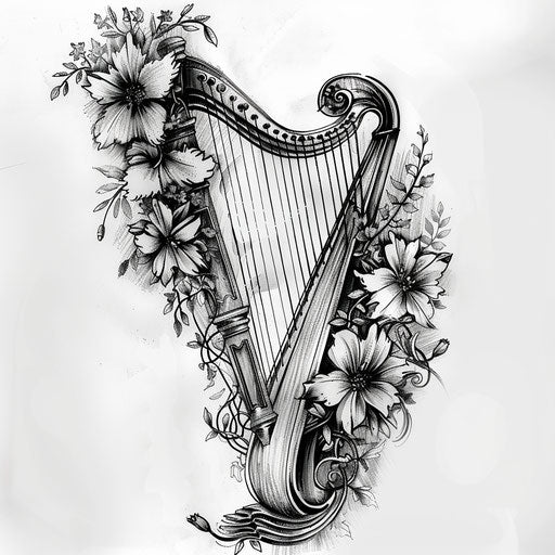Irish harp tattoo with floral Celtic designs against white