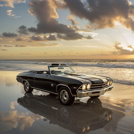 Chevrolet Chevelle SS 1969 convertible on beach at sunset
