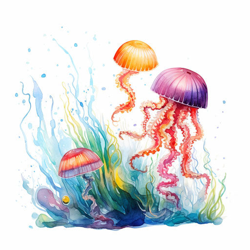 Sea creatures in Oil painting style, white background