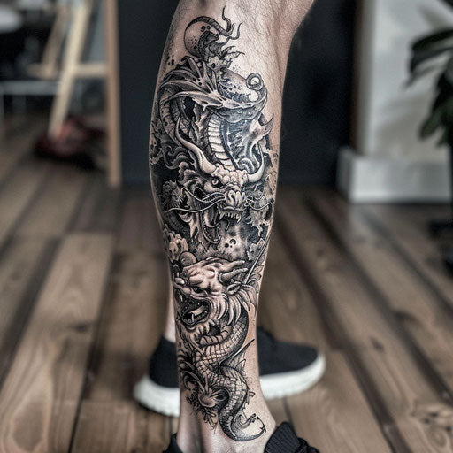 Mythical beast leg tattoo in the style of Glenn Fabry
