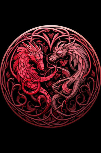 Celtic red tattoo with dragon and hearts, in light black and magenta style