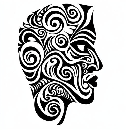 Maori face tattoo sketch with intricate spiral patterns