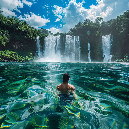 Iguazu Falls with crystal clear waters and rugged terrain