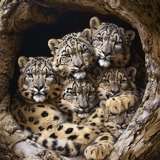 Snow leopard family cuddled for warmth in cozy den