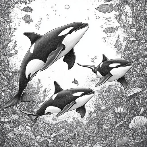 Orca family in a detailed underwater scene