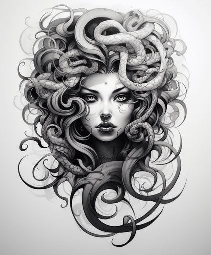 Black and white medusa tattoo, captivating 5:6
