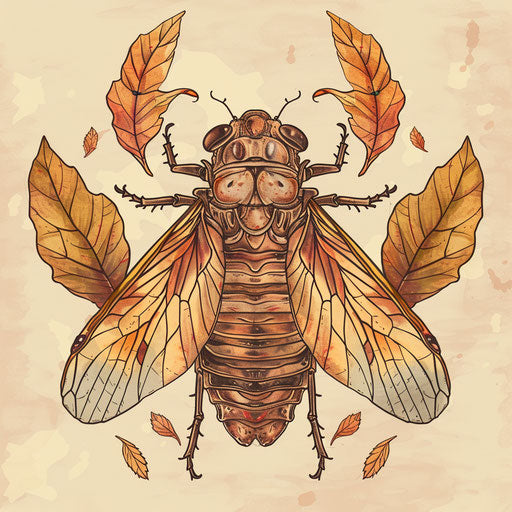 Seasonal tattoo sketch of a cicada with autumn leaves in warm browns and oranges, clipart style