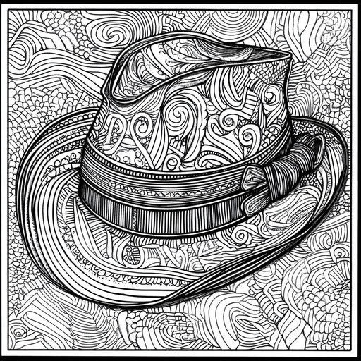 Hat with intricate line work and elegant patterns in the style of a coloring book