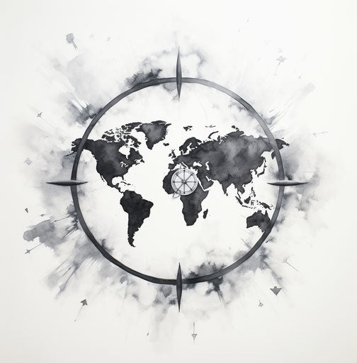 Black & white watercolor world map design, visual pun style