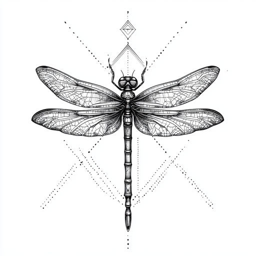 Dragonfly with geometric accents on pure white background