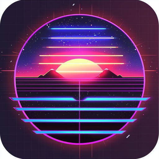 Retro app logo with neon colors and dark background